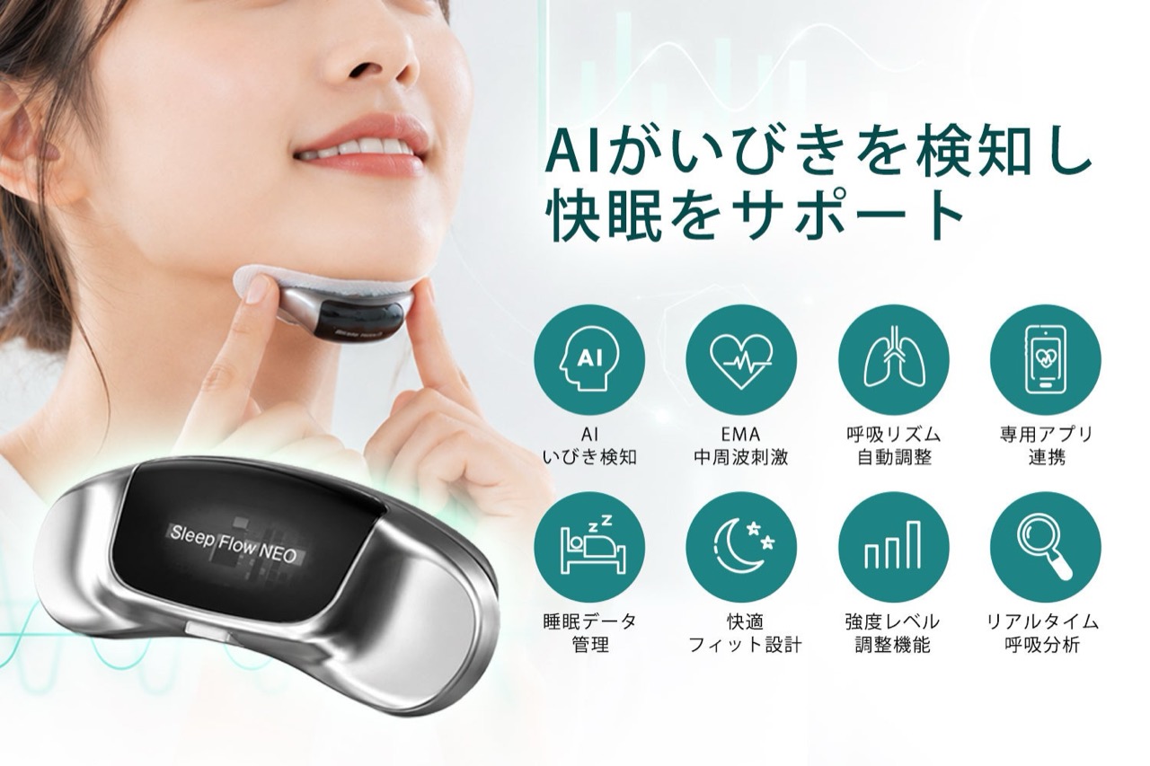 従来のいびき対策(マウスピース・CPAP・テープ・枕)の課題と SleepX「Sleep Flow NEO」の位置づけを示すコンセプト画像