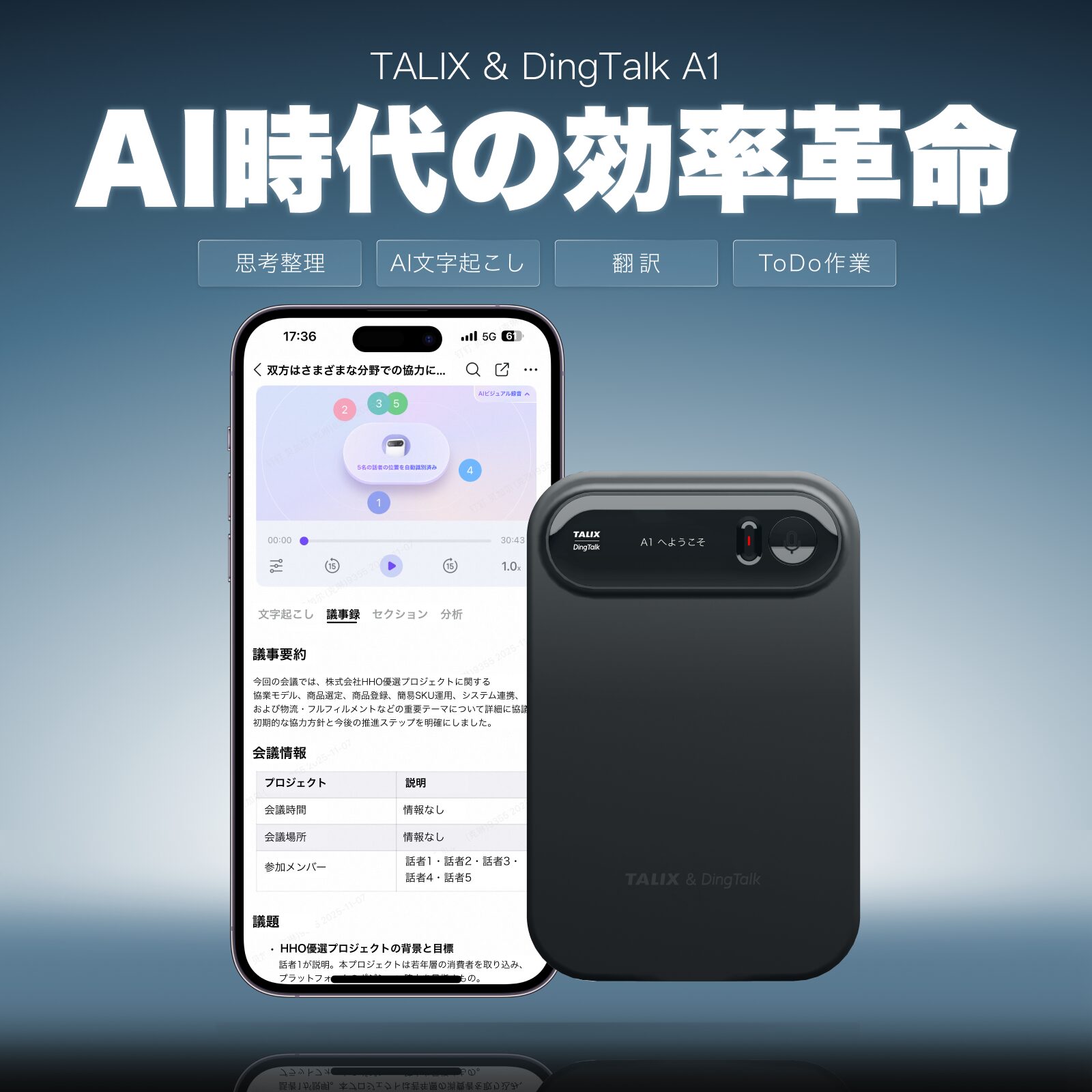 TALIX & DingTalk A1 AIボイスレコーダー本体のメインビジュアル