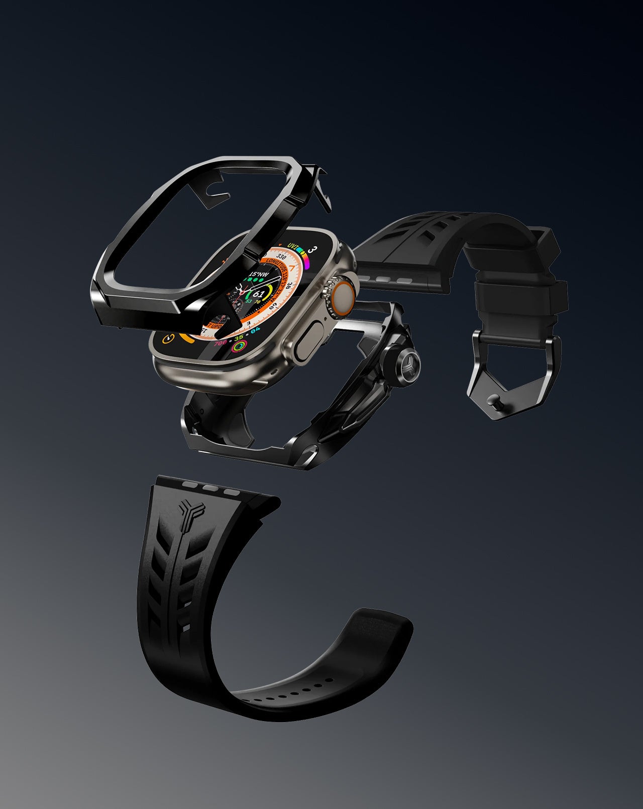 Y24 APEX01 49MMコレクションのApple Watch Ultra装着イメージ。316Lステンレススチール仕上げで立体的なフォルム