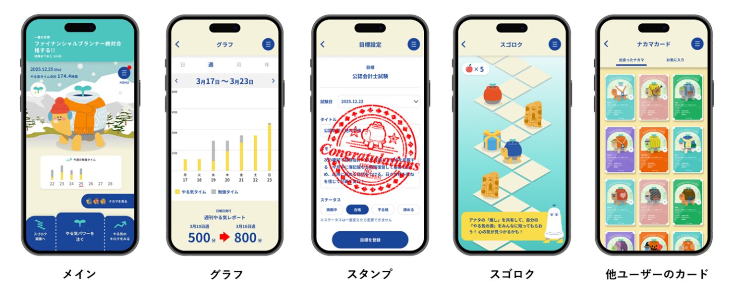 大人のやる気ペンの専用アプリ画面。努力の見える化・応援メッセージ・スゴロク型コミュニティを表示
