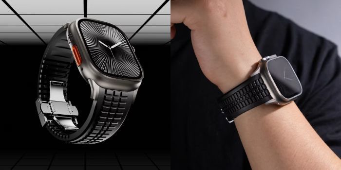 Apple Watchに装着したソリッドブロックラバーバンドの全体ショット