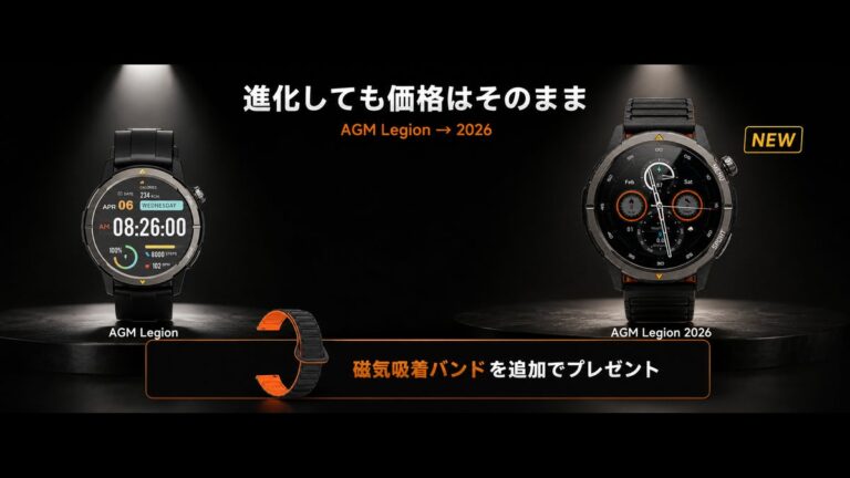 AGM Legion 2026と前モデルAGM Legionを並べたメインビジュアル。磁気吸着バンドを追加でプレゼントの案内つき