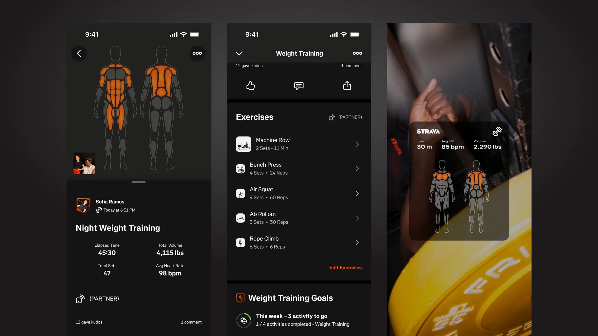 Amazfit Balance 3とStravaの連携画面。種目名・セット数・回数・重量・筋肉マップを記録