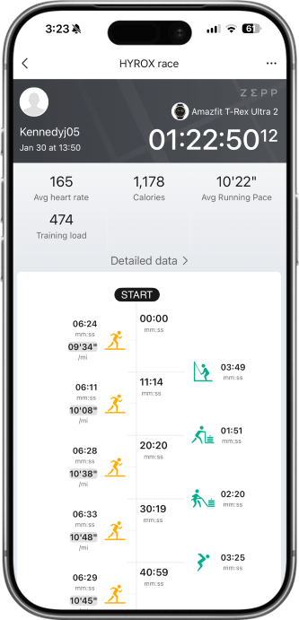 Amazfit Balance 3 のHYROXレース結果画面(種目別ラップタイム)