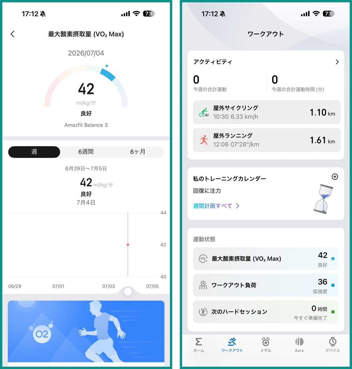 Amazfit Balance 3 の最大酸素摂取量(VO2 Max)とワークアウト状態