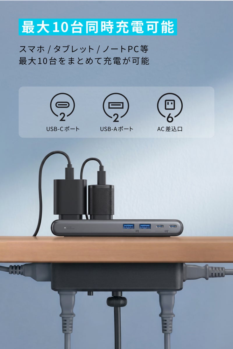 Anker Nano Power Stripの合計10ポート。上部にUSB-C2つ・USB-A2つ・AC2つ、下部にAC4つで最大10台同時充電が可能
