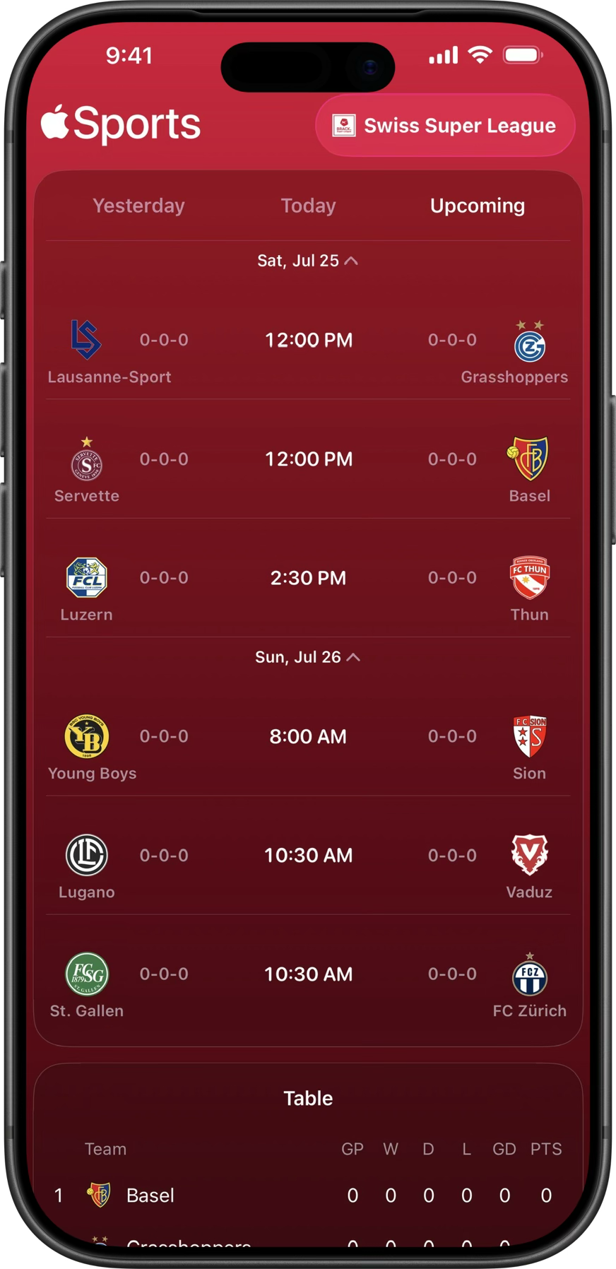 Apple Sportsで表示したスイス・スーパーリーグの試合日程画面