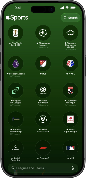 Apple Sportsアプリの対応リーグ一覧画面。日本のJ1リーグ(Japanese J1 League)やチャンピオンズリーグ、プレミアリーグなどが並ぶ