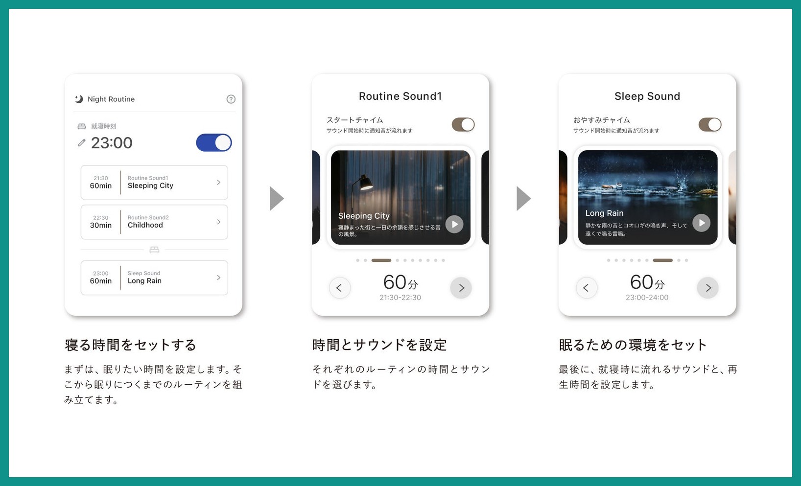 専用アプリBALMUDA Connectでナイトルーティンを設定する3つの画面。就寝時刻の設定、各フェーズの時間とサウンド選択、就寝時のサウンド設定