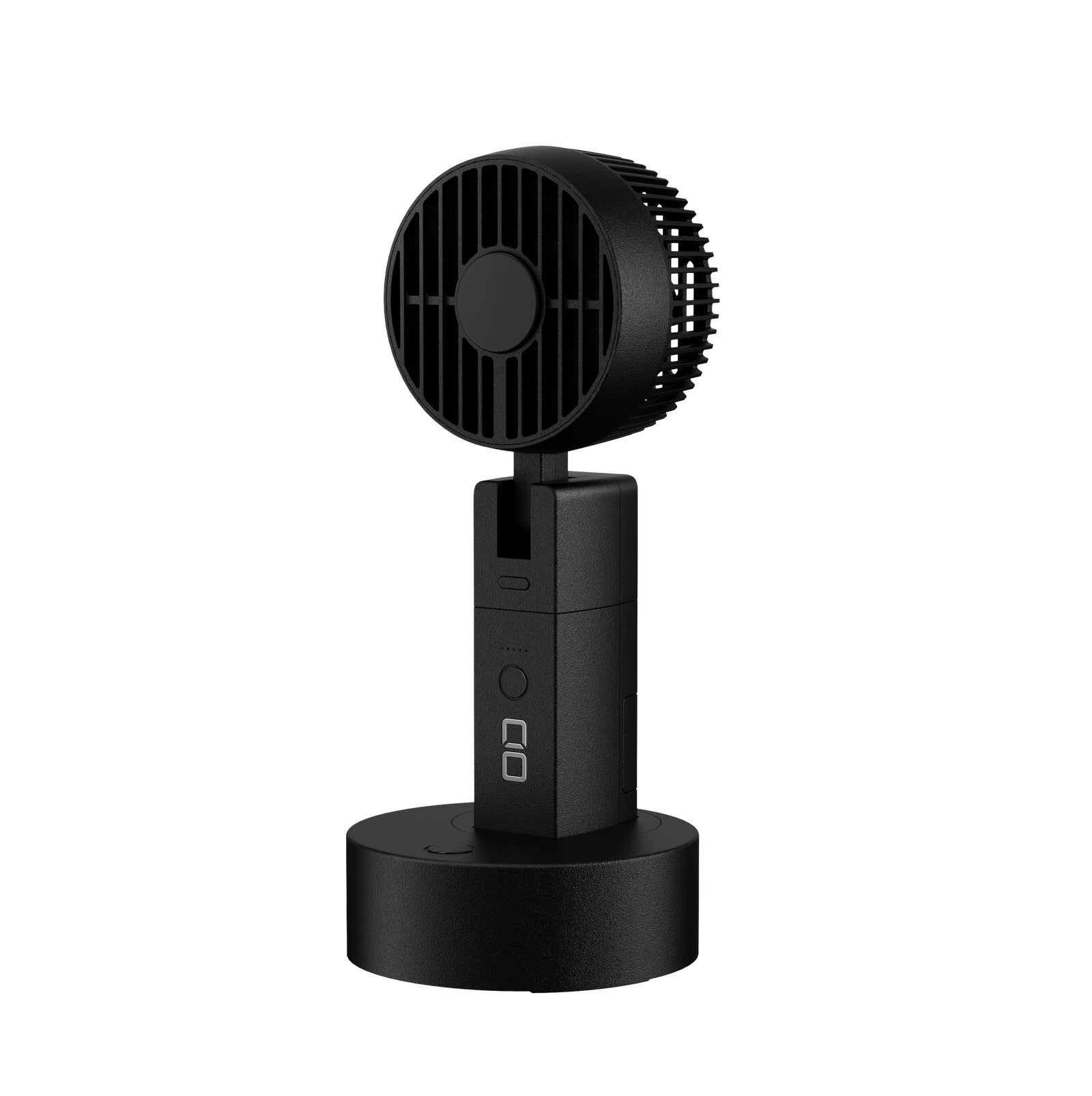 CIOのハンディファンHandy Fan。卓上スタンドに立てた状態で、前後2枚の羽根による反転構造のファンヘッドを備える
