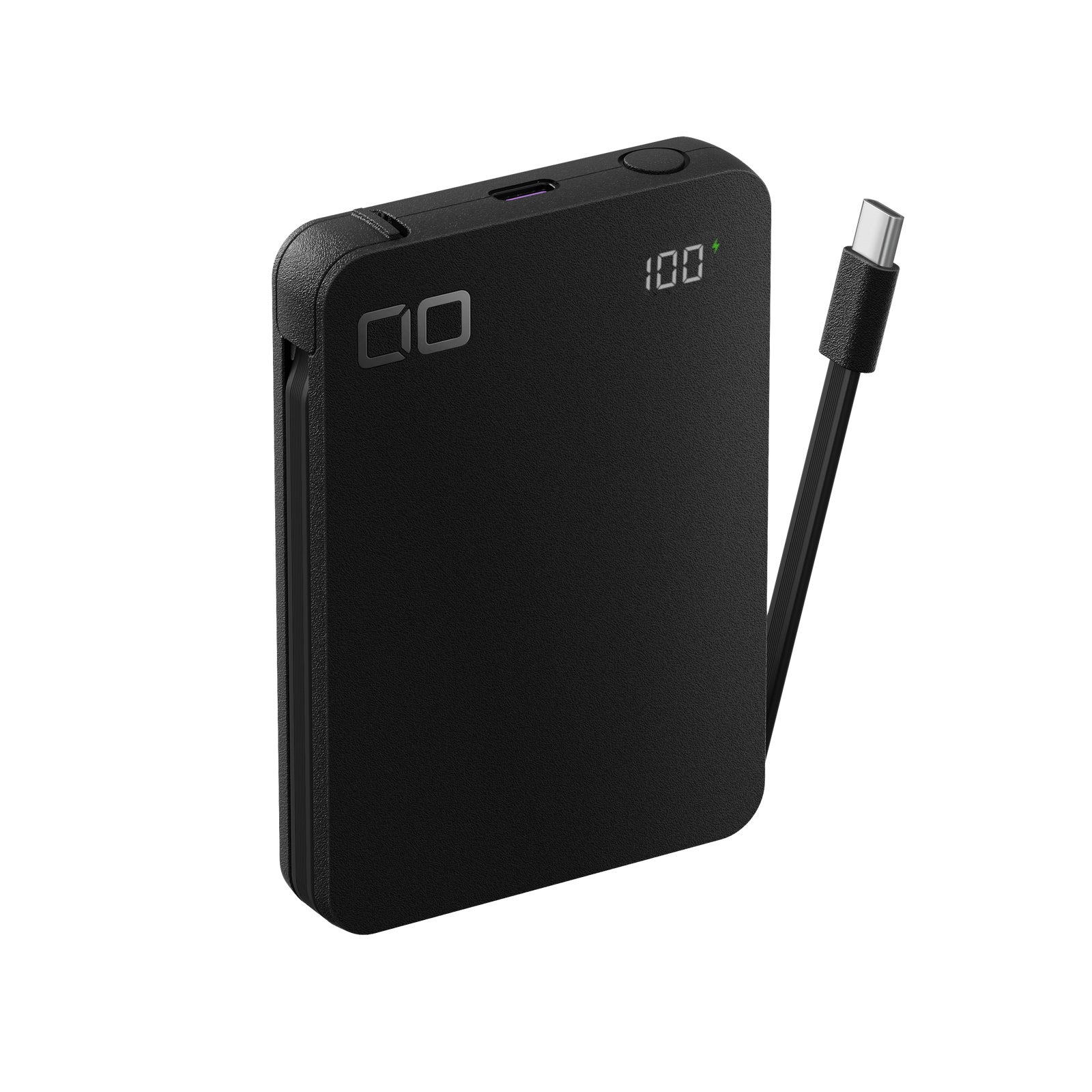 CIOのモバイルバッテリーSMARTCOBY Ex04 Wireless2.2 CABLE SS5K。USB-Cケーブルを内蔵した薄型ボディに残量表示を備える