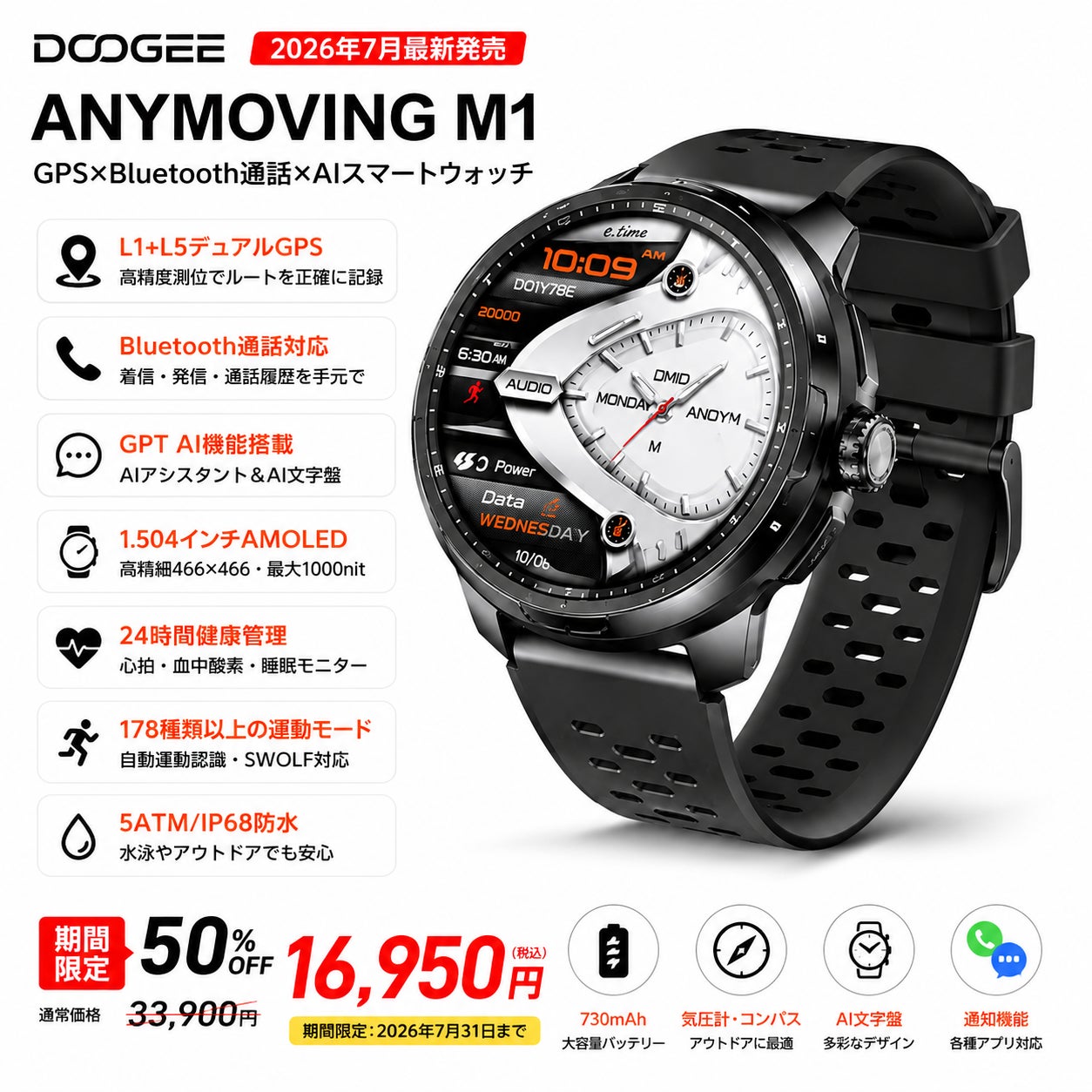 1.504インチAMOLEDディスプレイを搭載したGPSスマートウォッチ DOOGEE ANYMOVING M1の本体ビジュアル