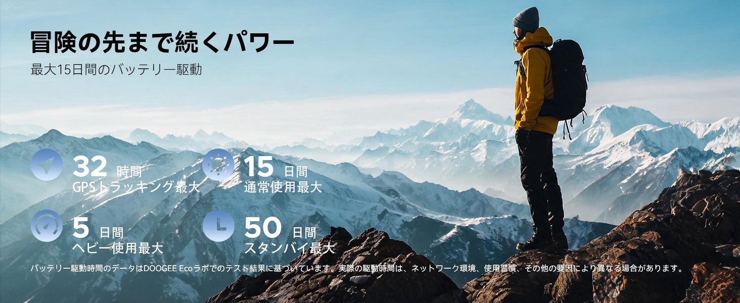 DOOGEE Anymoving M1 Proの省電力設計による長時間バッテリー。キャンプや登山でも安心