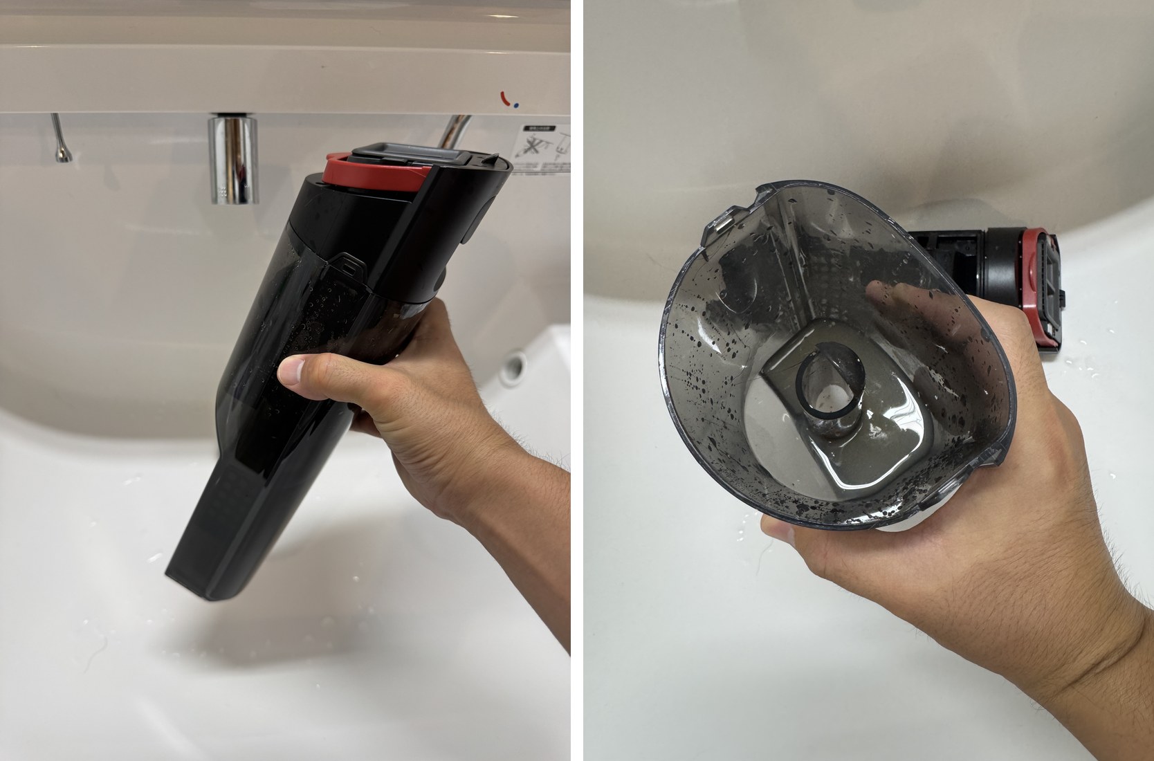 左:汚水タンクを手で取り外したところ/右:タンク内にたまった汚水