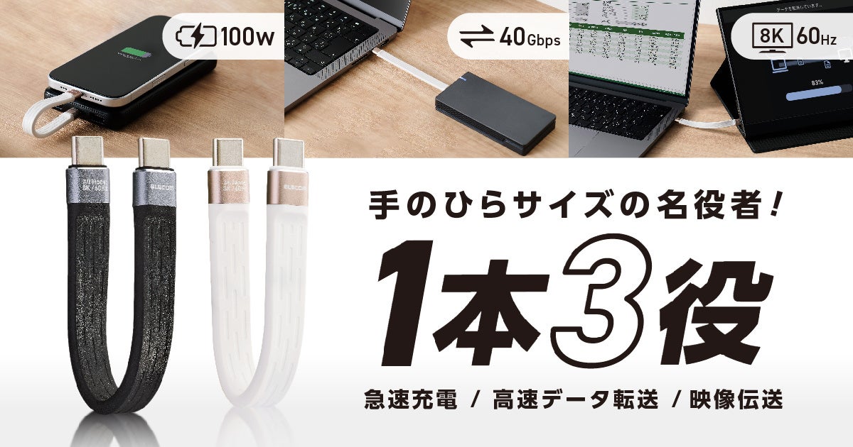 エレコム USB4(Gen3)対応 USB Type-Cケーブル(約13cm短尺フラット・ブラック/ホワイト)