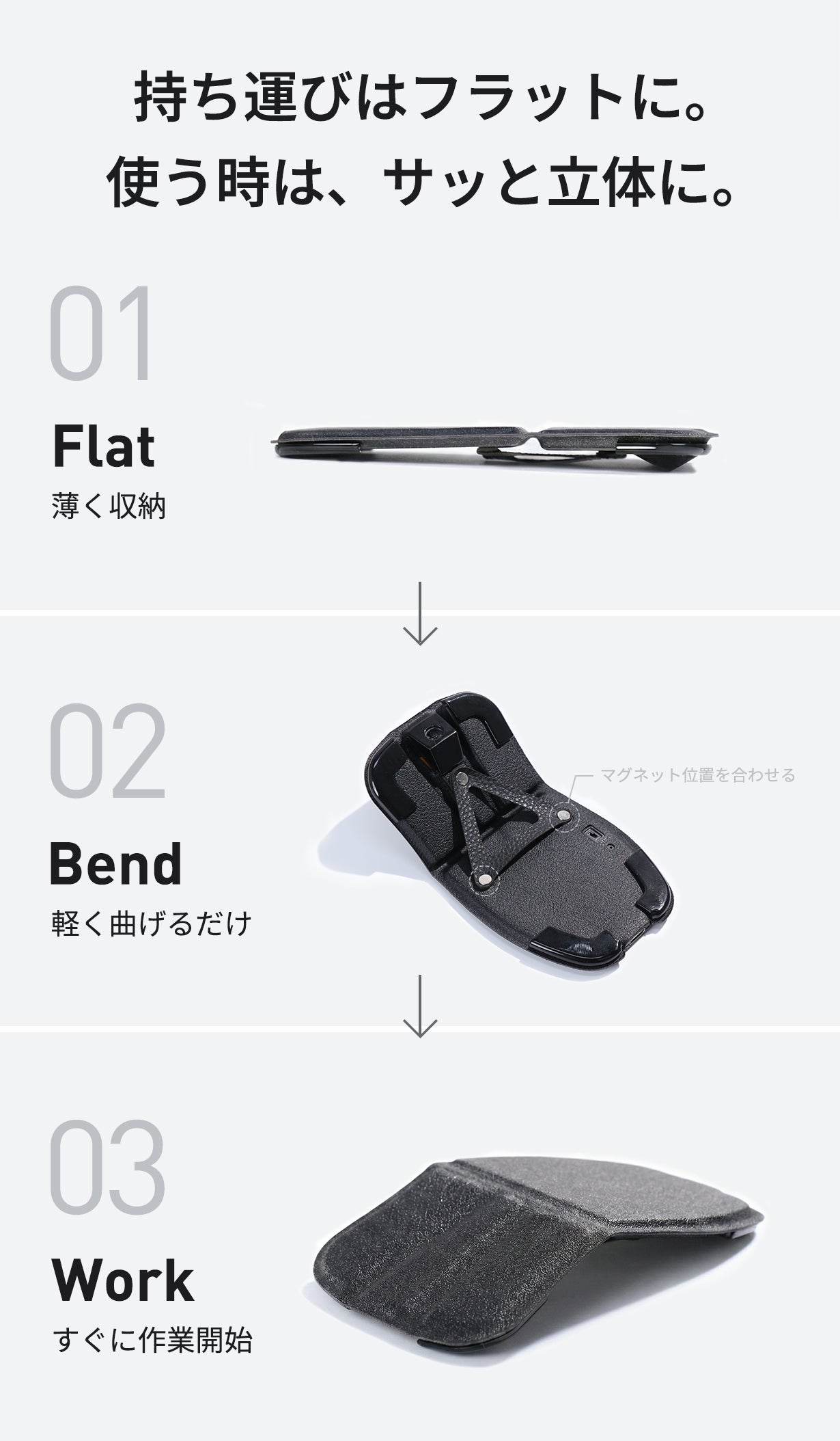GoFoldの使い方を示す3ステップの図。フラットな状態で薄く収納し、軽く曲げて立体にし、すぐ作業を開始できる