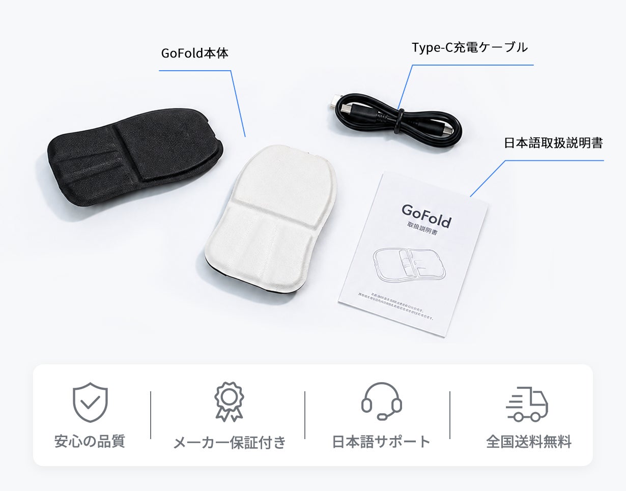 GoFoldの同梱物一覧。本体、Type-C充電ケーブル、日本語取扱説明書が並んでいる