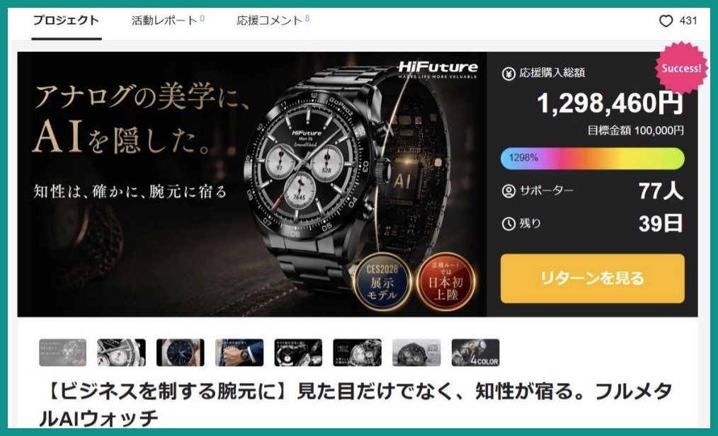 Makuakeで先行販売中のHiFuture FutureGo Pro 2のプロジェクトページ。応援購入総額1,298,460円、達成率1298%を表示