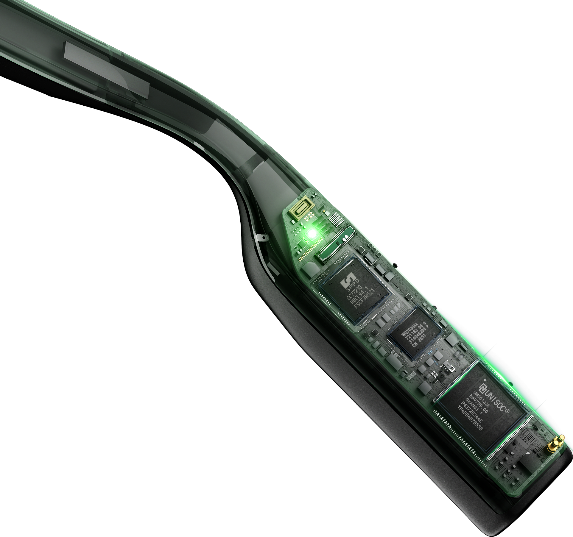 INMO GO3 のテンプル内部を透過表現した画像。基板とチップが細長いテンプルに収められている様子