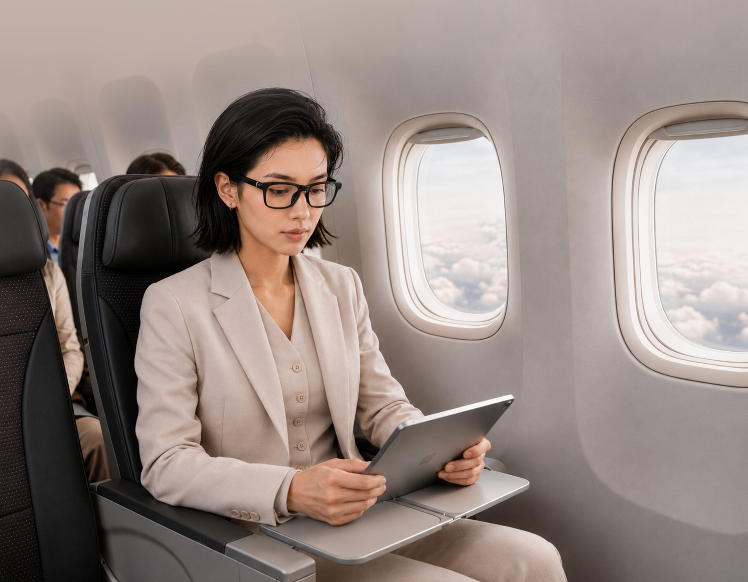 INMO GO3 を装着した女性が、飛行機の座席でタブレットを見ているオフライン翻訳の利用イメージ