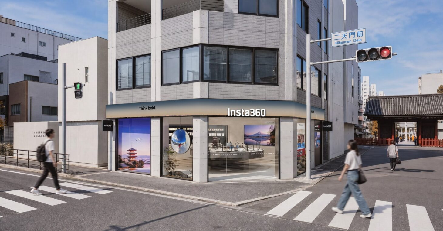 国内初のブランドストア「Insta360 浅草本店」の外観。浅草・二天門前の交差点に立地