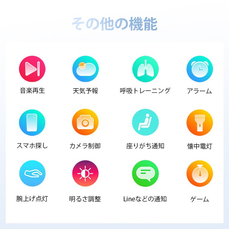 Lively Life T7のその他の機能。音楽再生・天気予報・呼吸トレーニング・アラーム・スマホ探し・カメラ制御・座りすぎ通知など