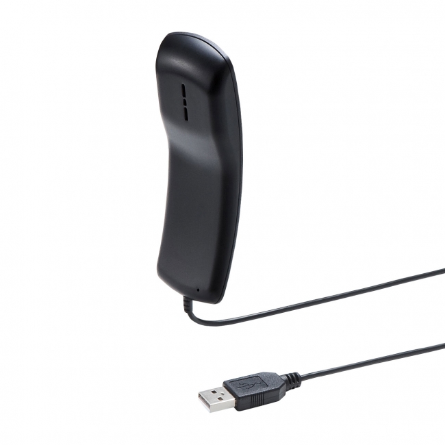 受話器型USBハンドセット「MM-HSU06BK」の本体アップ。受話部のスピーカー穴とUSBプラグが見える