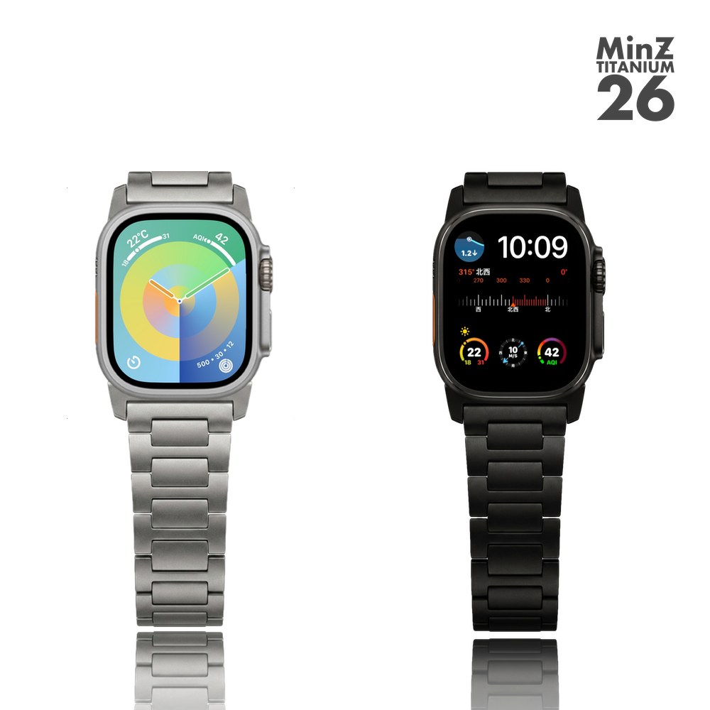 Apple Watch Ultraに装着したチタンバンドMinZ TITANIUM 26のブラックとナチュラル