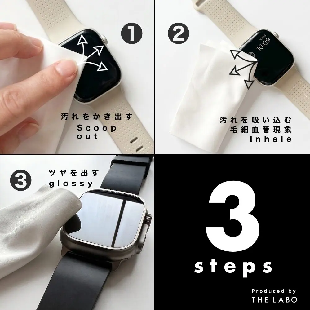MinZ mono CLOTHでApple Watchの画面を掻き出し・吸い込み・ツヤ出しする3ステップの説明図