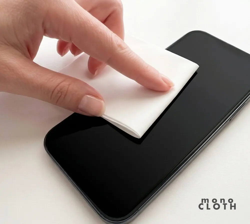 MinZ mono CLOTHでiPhoneの画面の皮脂汚れを拭き取るようす