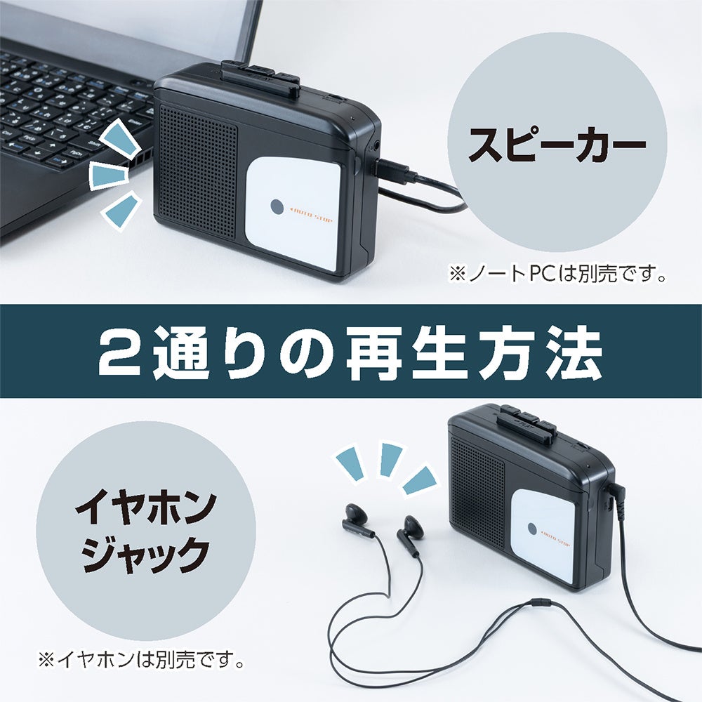 UCP-CA001BKの内蔵スピーカーで再生する様子と、3.5mmイヤホンジャックにイヤホンをつないで聴く様子を並べた説明図