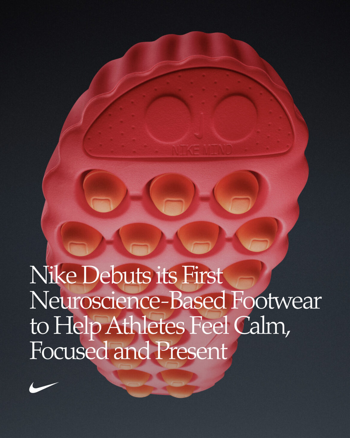 ナイキ初の神経科学ベースのフットウェア「Nike Mind」のヘッドラインビジュアル。フォームノードが並ぶ赤いソール