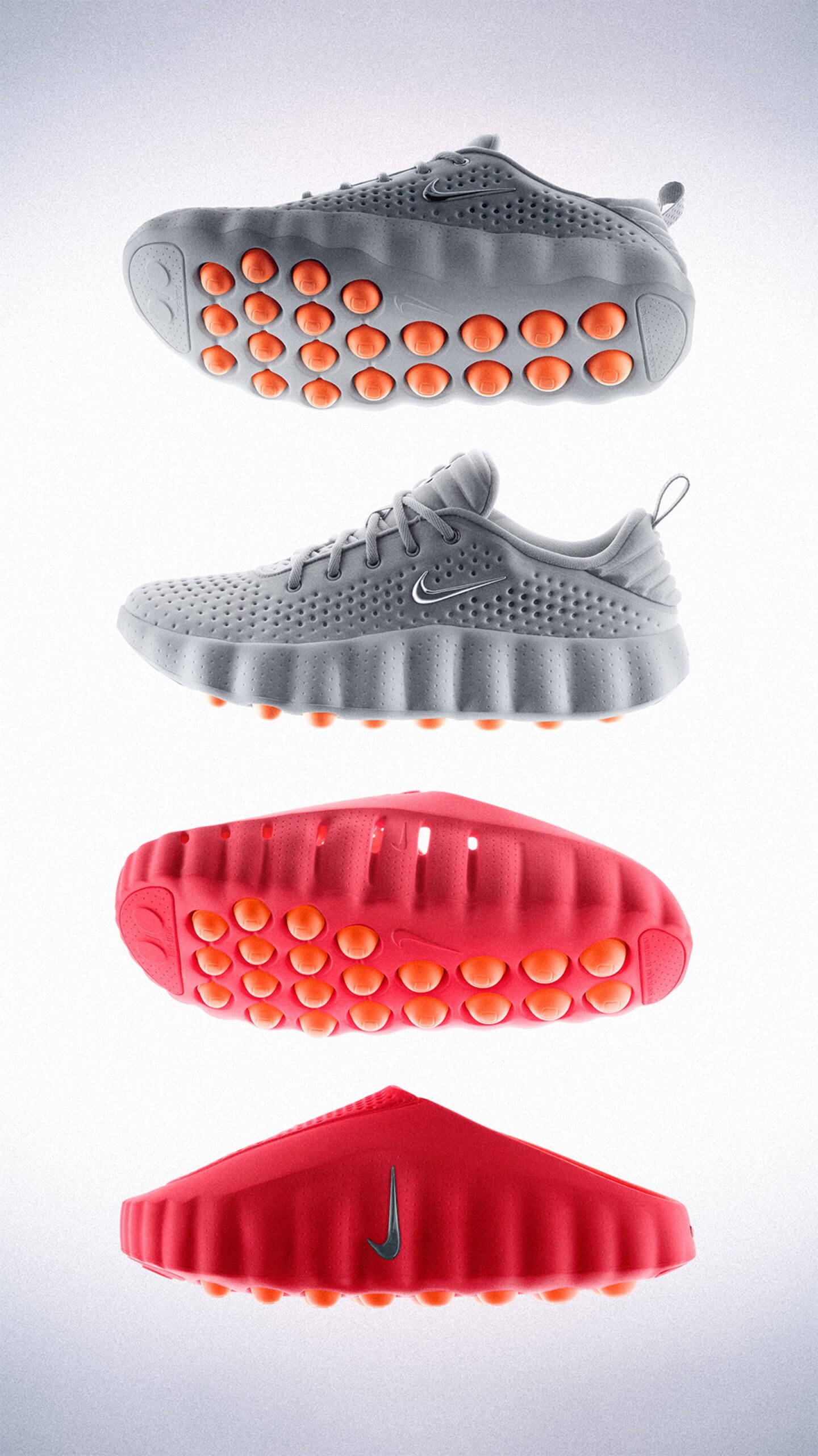 Nike Mind 002スニーカー(グレー)とNike Mind 001ミュール(レッド)を並べた製品ビジュアル