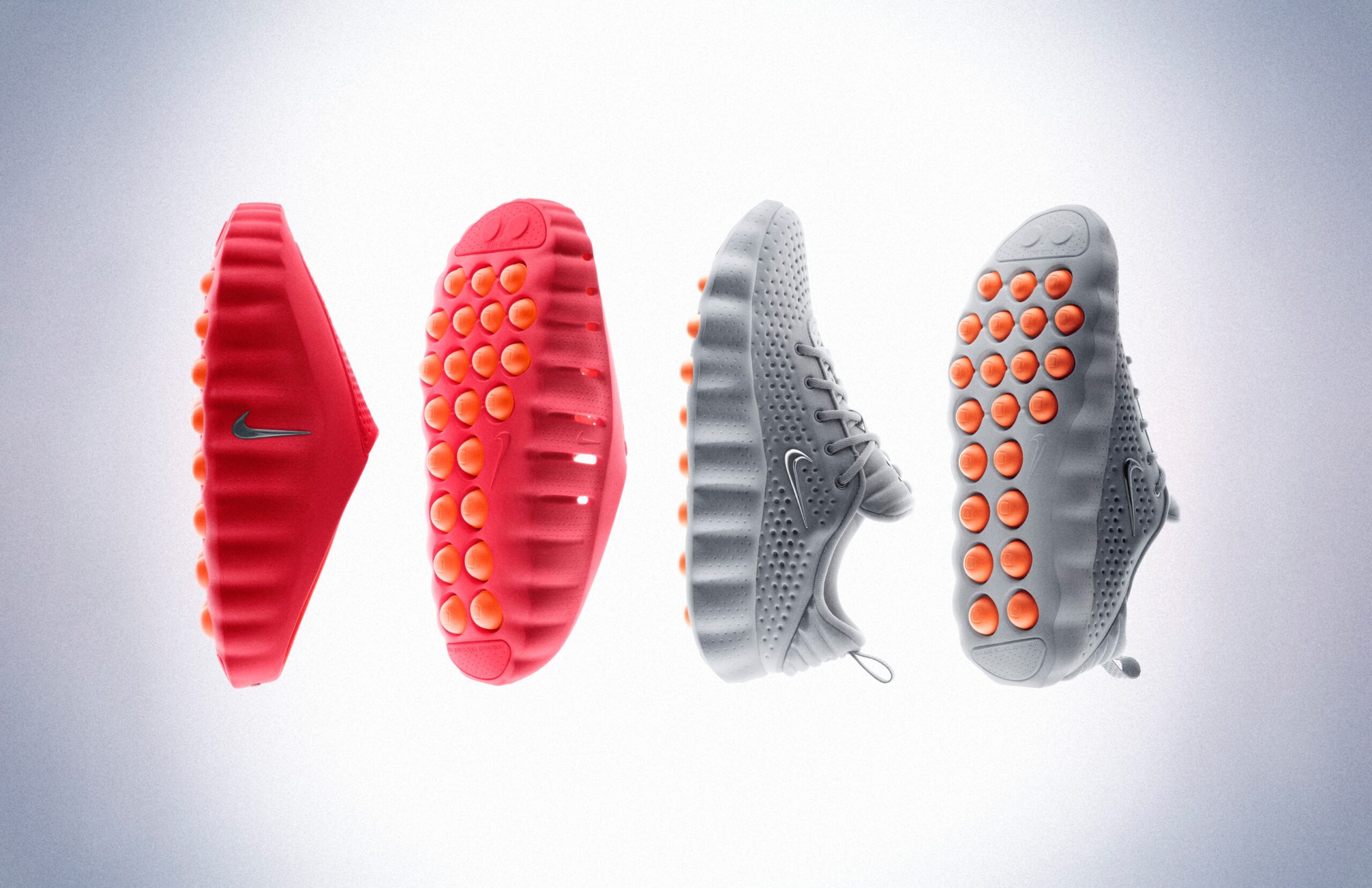 Nike Mindのソールに配置されたオレンジ色のフォームノードのクローズアップ。赤とグレーの2モデル