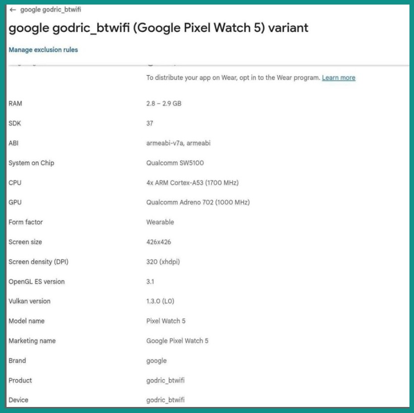 Google Pixel Watch 5（コードネームgodric）のGoogle Play Console掲載スペック。Qualcomm SW5100・Cortex-A53・Adreno 702・RAM2.8〜2.9GB