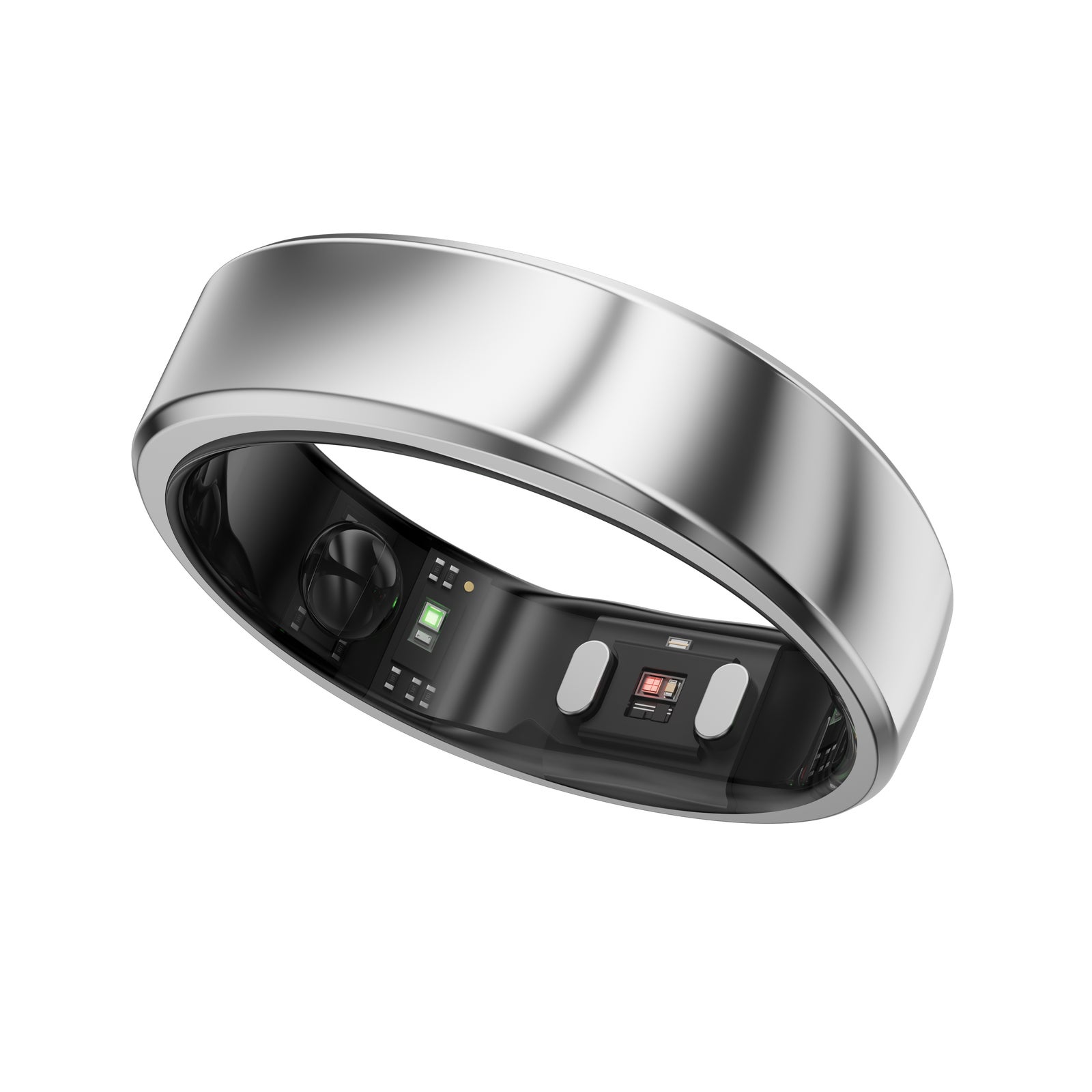 RingConn Gen 2 フューチャーシルバーの製品外観。内側に心拍などのセンサーが並ぶ