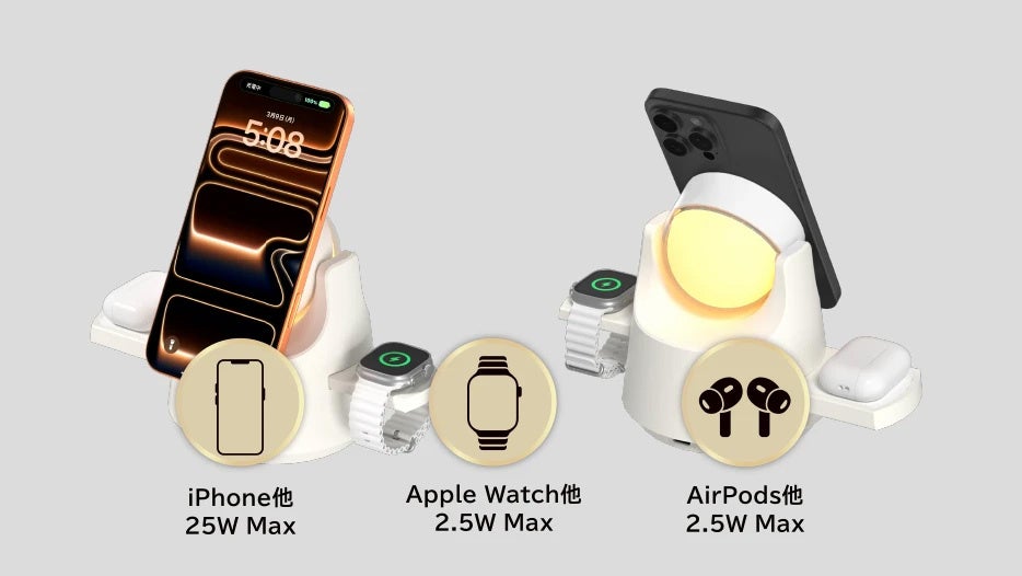 SUNEAST 4in1ワイヤレス充電器でスマートフォン・スマートウォッチ・ワイヤレスイヤホンの3台を同時に充電している説明画像