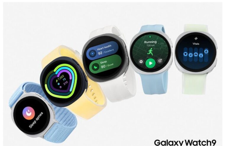 Galaxy Watch9のカラフルなバンドと健康・運動アプリ画面のラインナップ