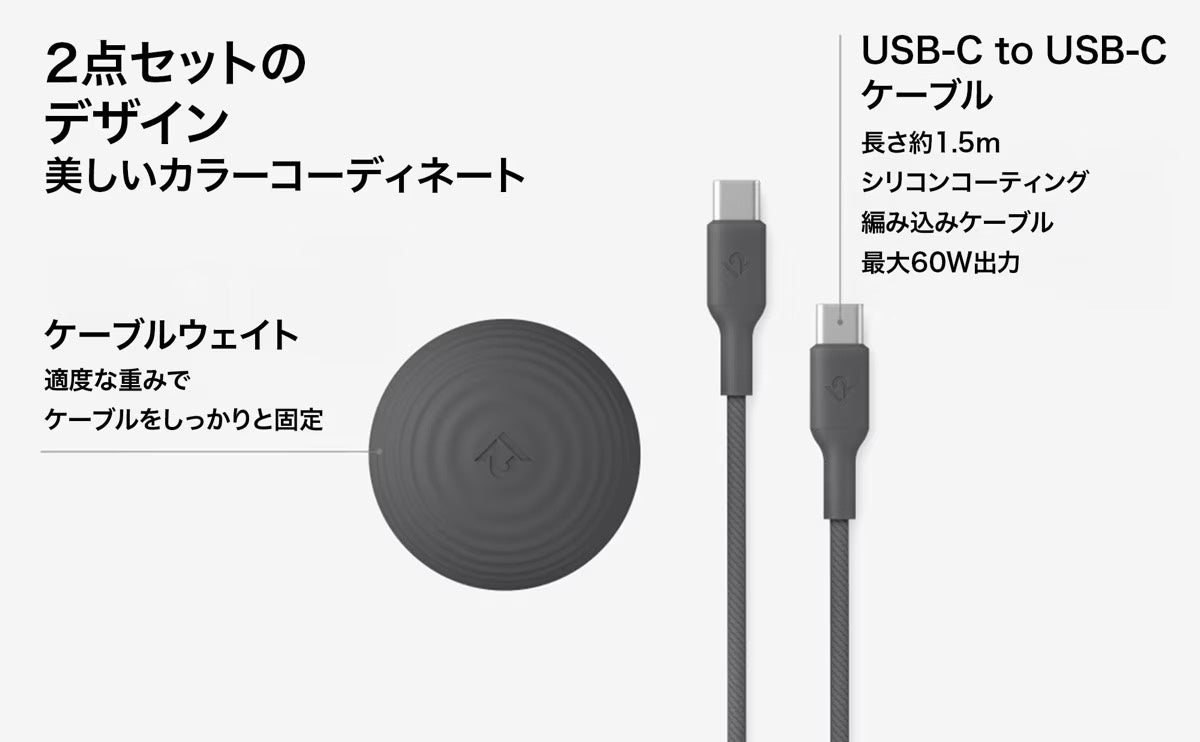 2点セットのカラーコーディネートと約1.5m USB-Cケーブル（最大60W）を示すCableStayの仕様