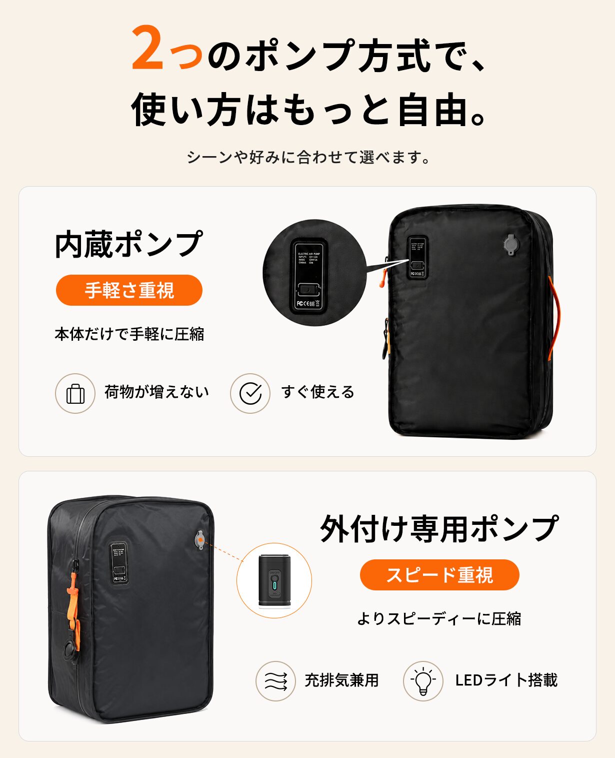 VakuLokの2つの圧縮方式。バッグに内蔵したポンプと、よりスピーディーな専用ポンプを使い分けられる様子。