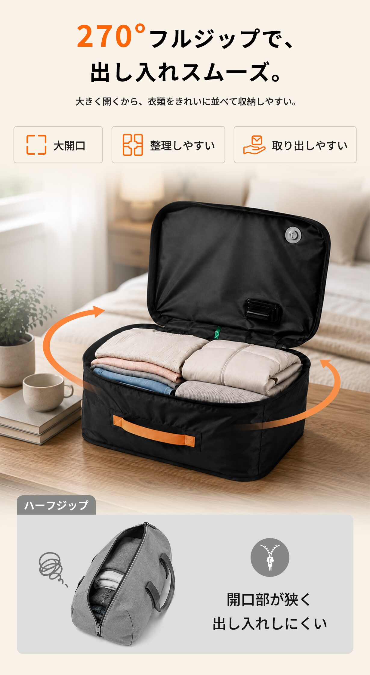 VakuLokの270度フルジップ仕様。開口部が大きく開き、衣類の出し入れや中身の確認がしやすい設計。