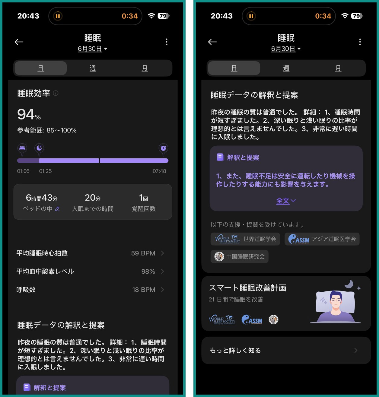 Xiaomi Smart Band 10 Pro の睡眠効率94%と睡眠改善アドバイスの画面