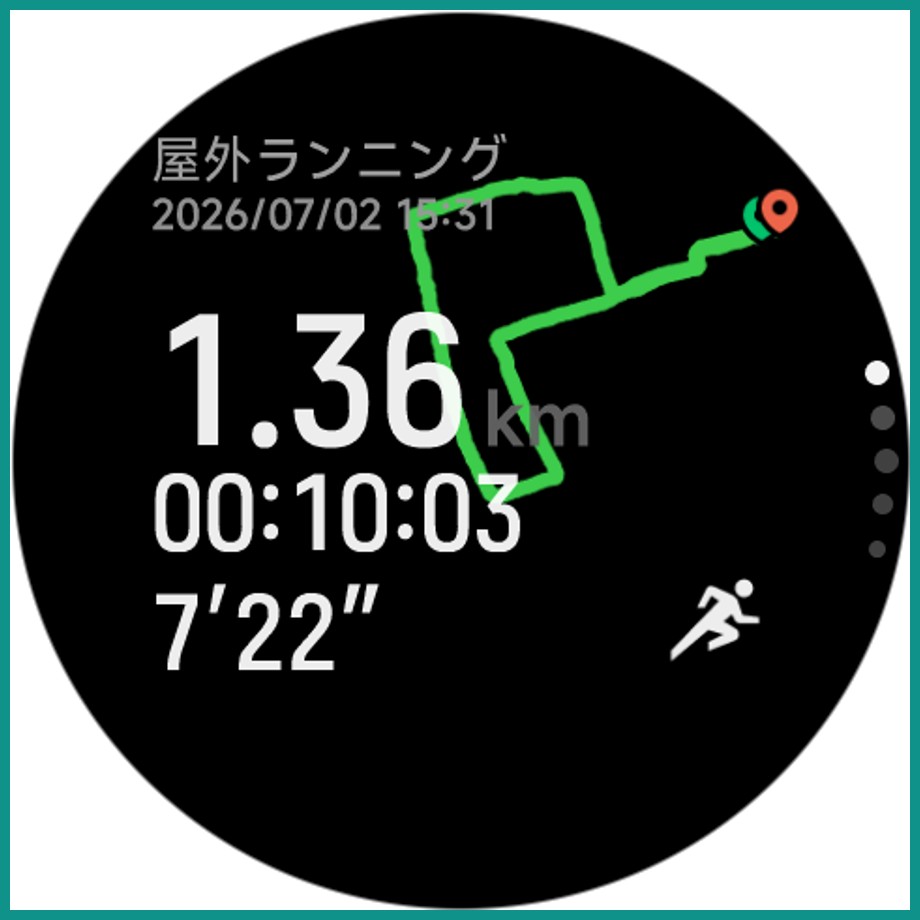 Xiaomi Watch S5 46mmの屋外ランニング計測画面。時計本体にGPS軌跡・距離1.36km・時間10分03秒・ペース7分22秒を表示