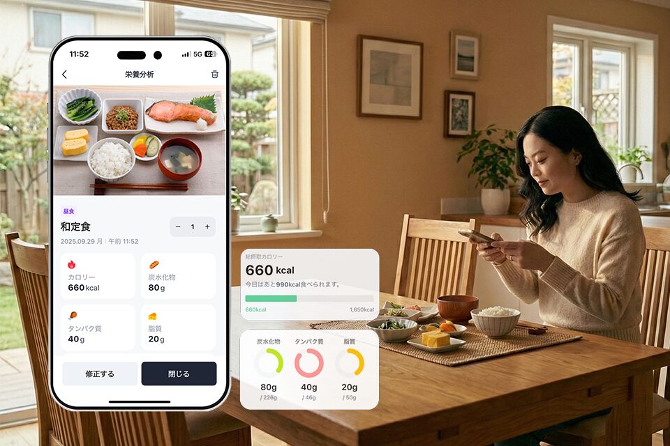 b.ringのカロリーAI。食事の写真からカロリーと栄養素を自動推定する栄養分析画面