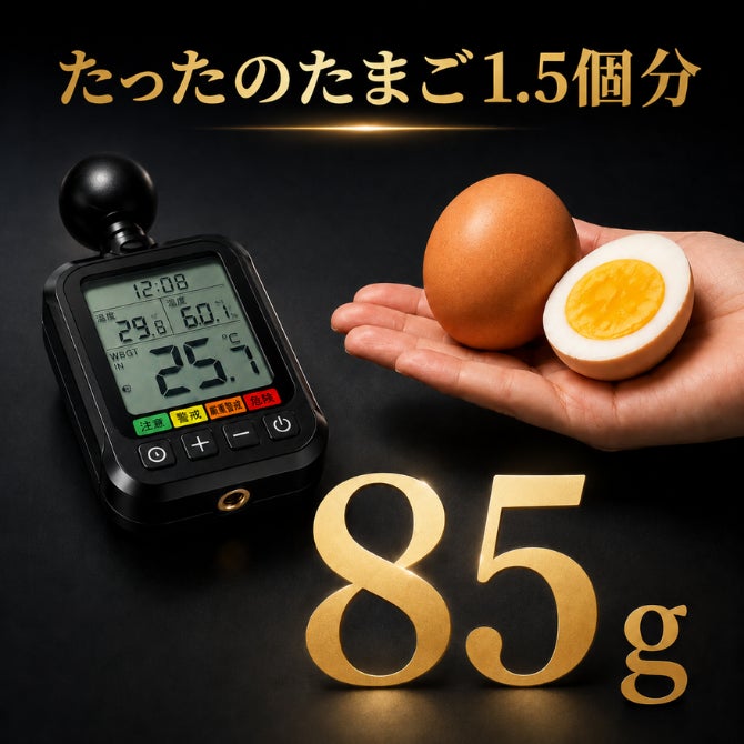 重さ約85g・たまご約1.5個分の手のひらサイズを示す「スゴい暑さ指数アラート」。