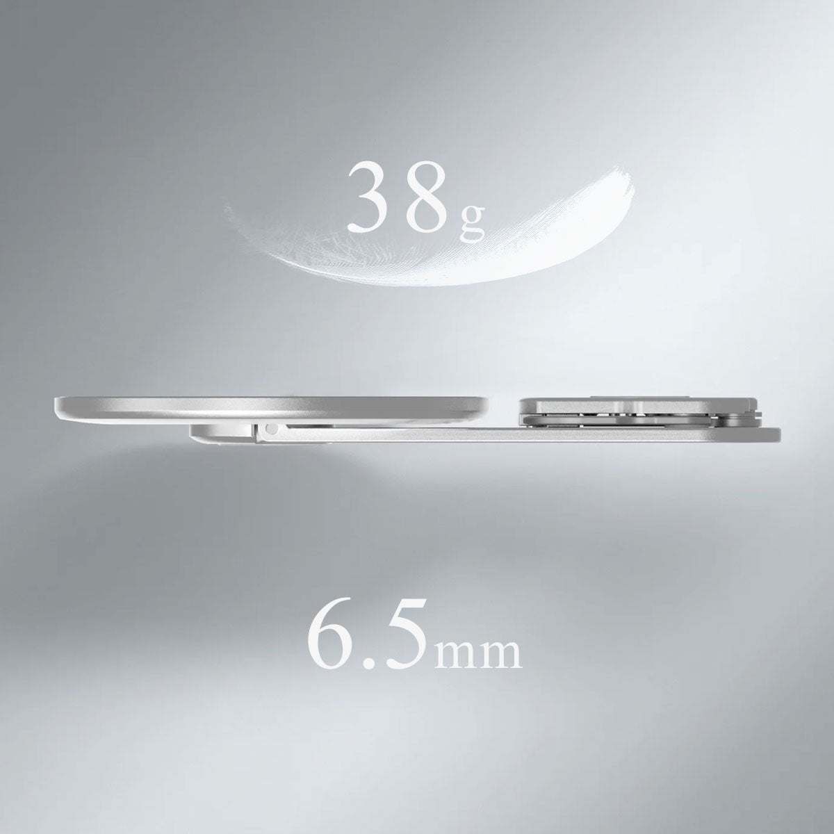 AULUMU G05 Proを真横から捉えた薄さの訴求画像。本体の上に羽根が浮かび、38gと6.5mmの文字が重ねられている