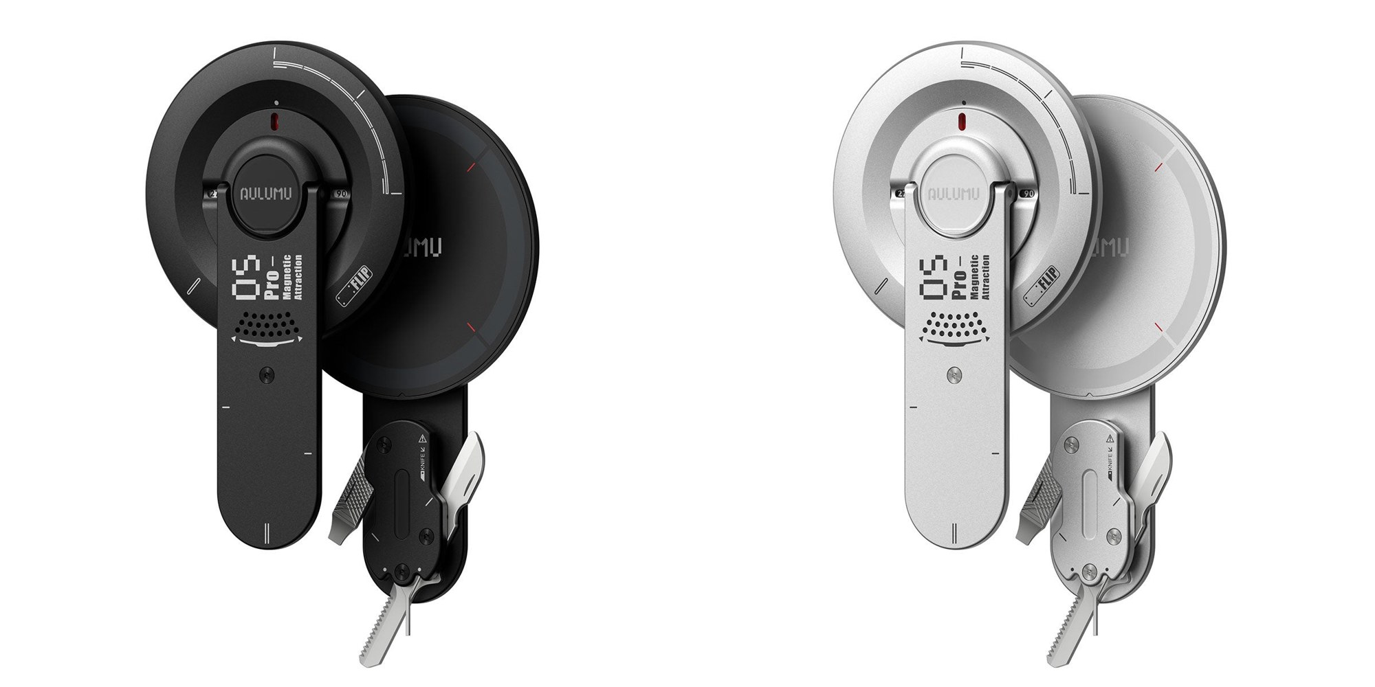 AULUMU G05 Proのブラックとシルバーを並べた製品画像。どちらも円形のMagSafeプレートと角度目盛りが刻まれた本体を持ち、下部から工具が展開されている