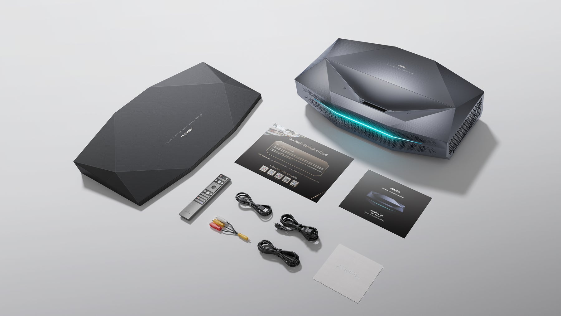 AWOL Aetherionの同封内容一式。本体のほか付属品一式が並べられている。