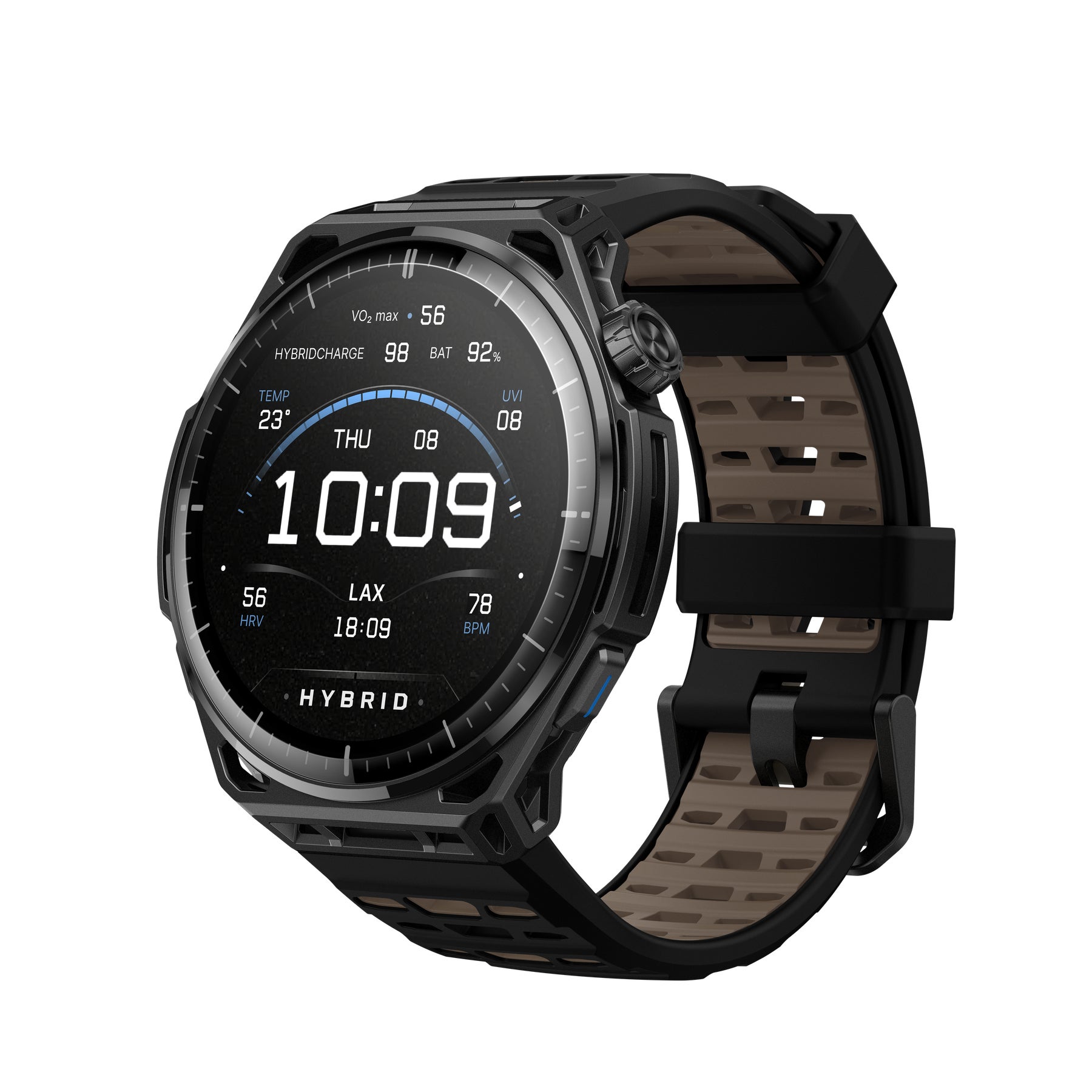 Amazfit Balance 3 チタンブラックを斜め上から撮影した製品画像。グレード5チタン合金の黒いケースに1.5インチの円形ディスプレイが光り、茶色の裏地が見えるバンドが伸びている