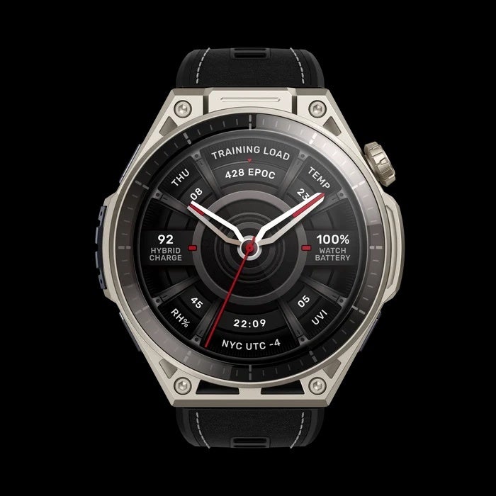 Amazfit Balance Ultraを正面から撮影した製品画像。チタン色のベゼルの周囲に5つの物理ボタンが配置され、円形ディスプレイにトレーニング負荷やバッテリー残量が表示されている